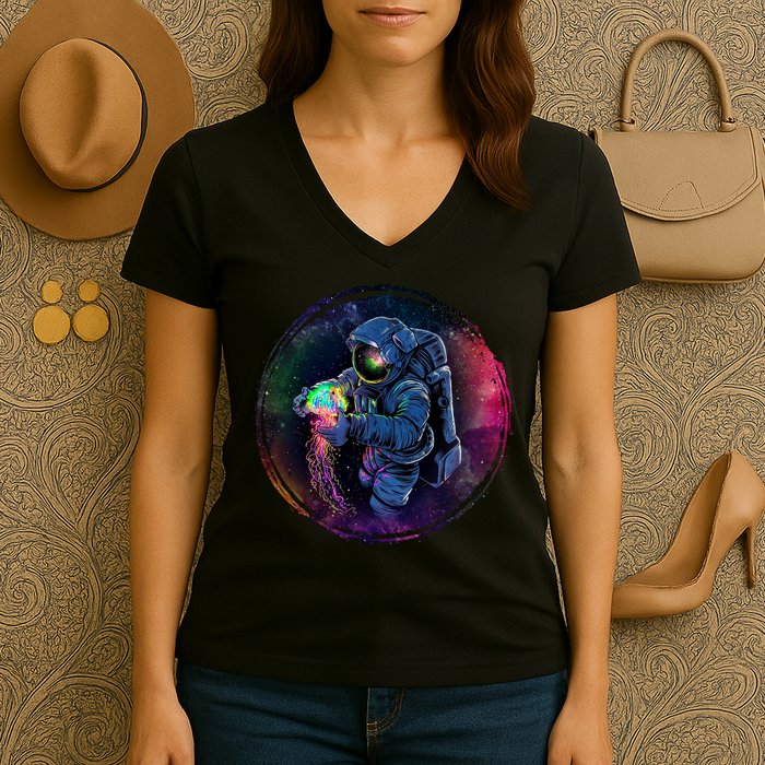 Cool Space Astronaut Jellyfish Galaxy Women's V-Neck T-Shirt