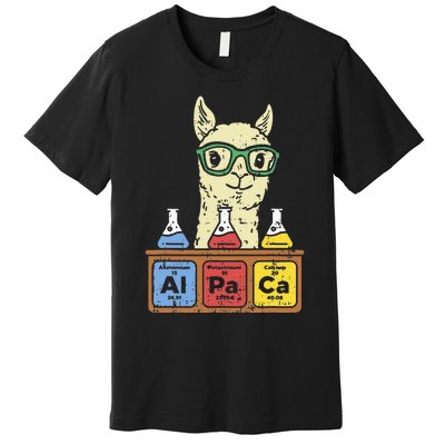 Cool Science Alpaca With Glasses In Front Of Periodic Table Premium T-Shirt