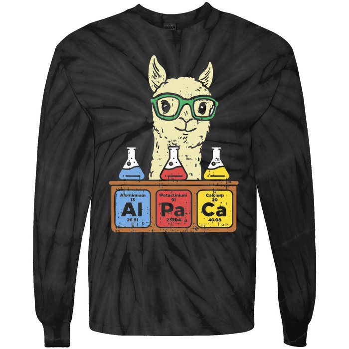 Cool Science Alpaca With Glasses In Front Of Periodic Table Tie-Dye Long Sleeve Shirt