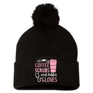 Coffee Scrubs And Rubber Gloves Medical Nurse Doctor Pom Pom 12in Knit Beanie