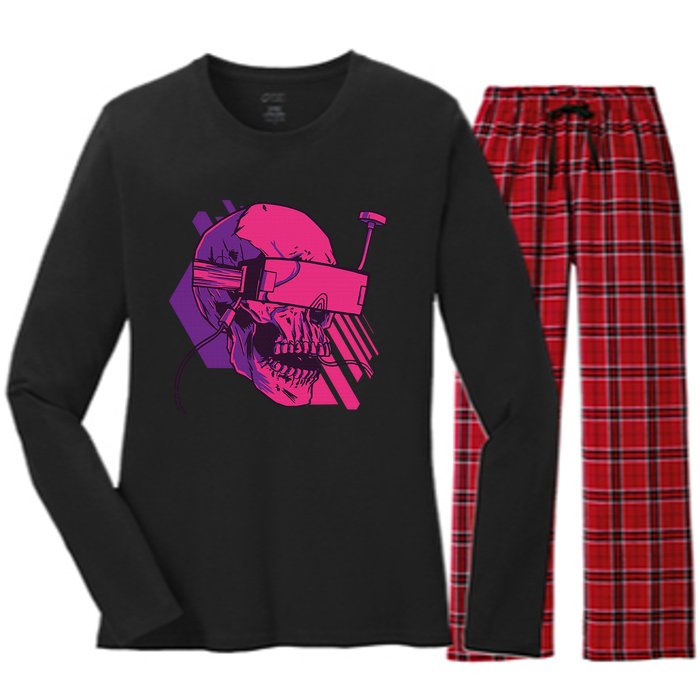 Cyberpunk Skull - A Skull With FPV Goggles Women's Long Sleeve Flannel Pajama Set 