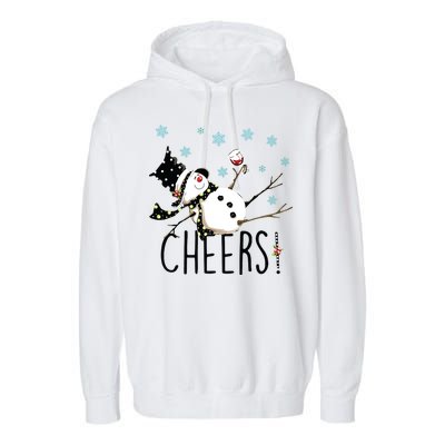 Cheers Snowman And Wine Christmas Garment-Dyed Fleece Hoodie