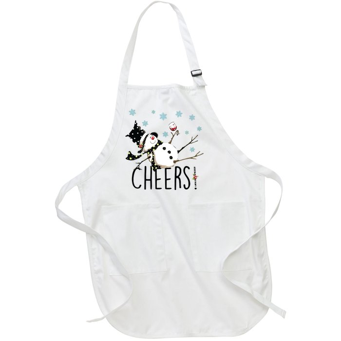 Cheers Snowman And Wine Christmas Full-Length Apron With Pockets