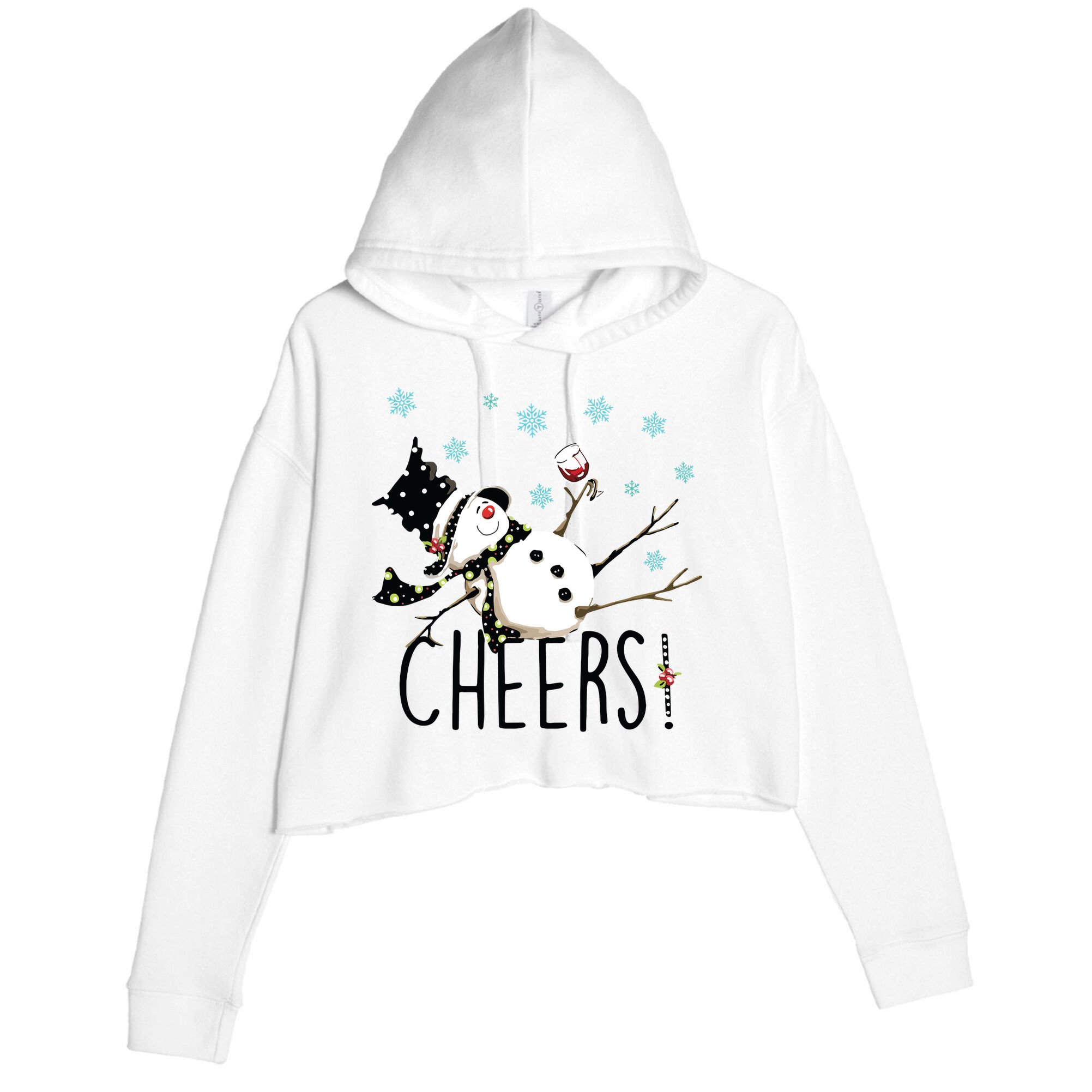 Cheers Snowman And Wine Christmas Crop Fleece Hoodie