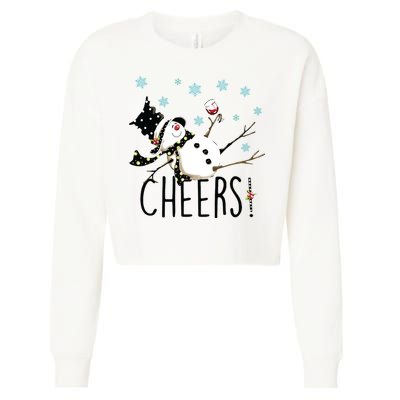 Cheers Snowman And Wine Christmas Cropped Pullover Crew