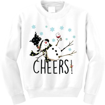 Cheers Snowman And Wine Christmas Kids Sweatshirt