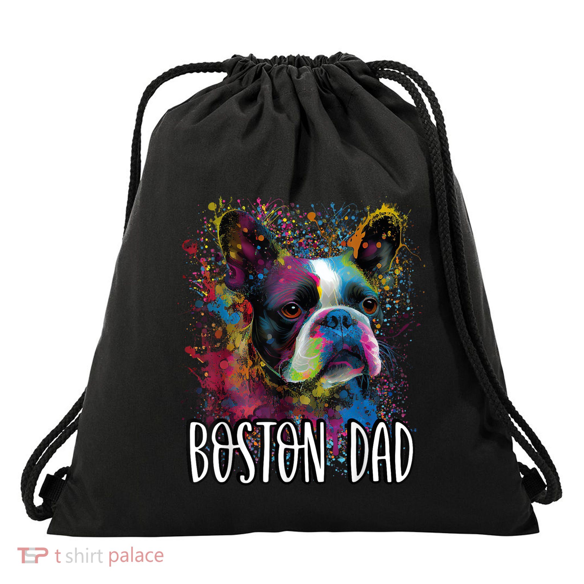 Colorful Splash Art Boston Terrier Dad Portrait Puppy Drawstring Bag