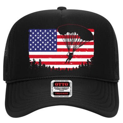 Cool Skydiving Art Men Women Skydiver American Flag Skydive High Crown Mesh Back Trucker Hat