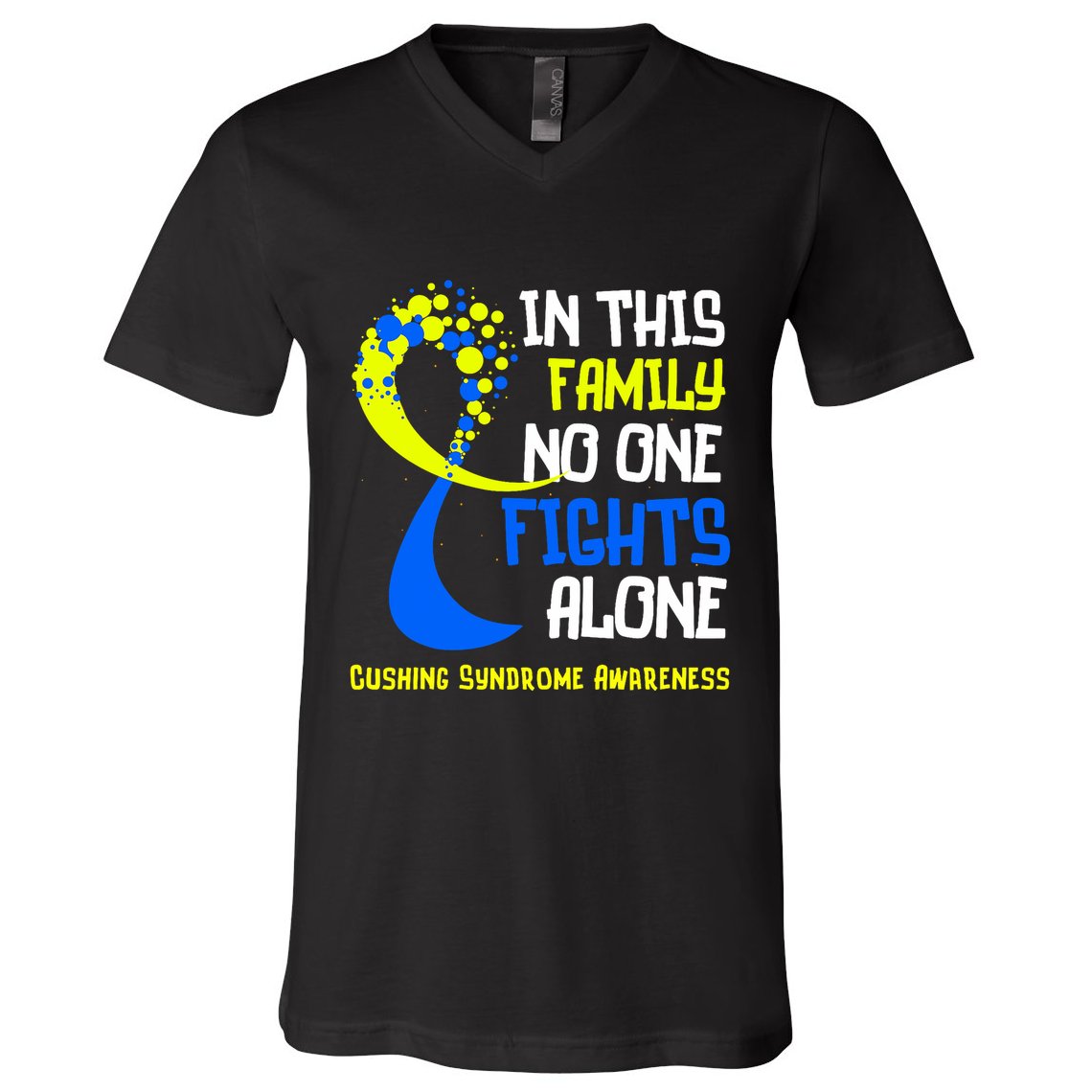 Cushing Syndrome Awareness Blue Yellow Ribbon Family Fighter V-Neck T-Shirt