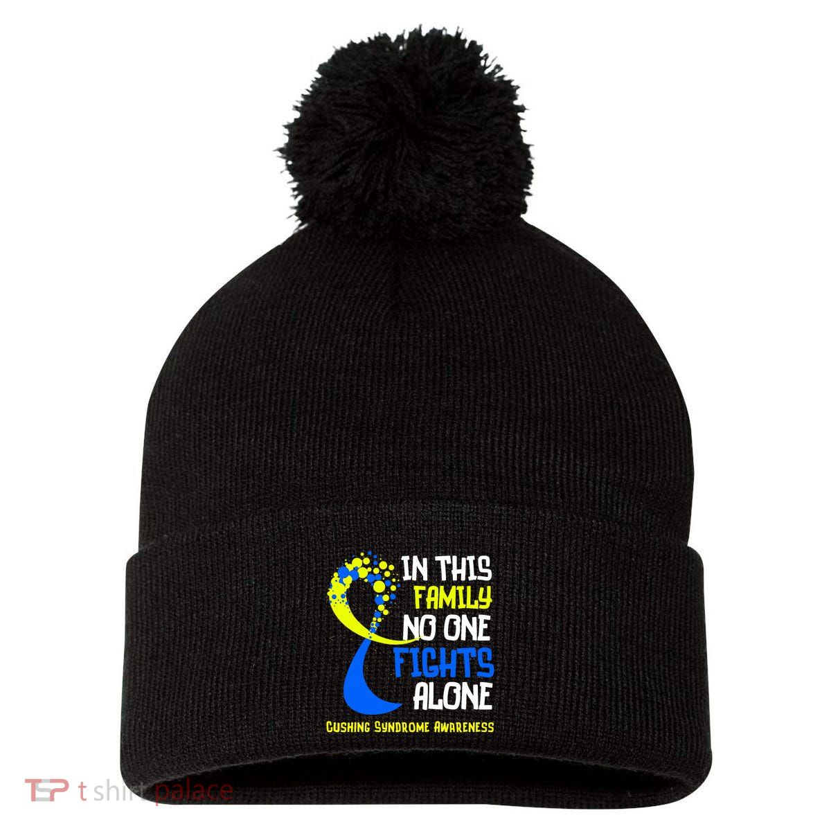Cushing Syndrome Awareness Blue Yellow Ribbon Family Fighter Pom Pom 12in Knit Beanie