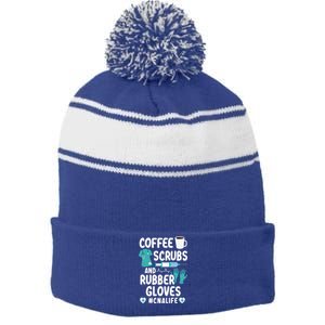 Coffee Scrubs And Rubber Gloves Cna Life Nursing Assistant Gift Stripe Pom Pom Beanie