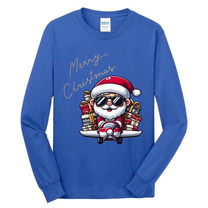 Cool Santa And Plane Funny Merry Christmas Old Xmas Great Gift Tall Long Sleeve T-Shirt