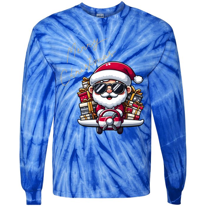 Cool Santa And Plane Funny Merry Christmas Old Xmas Great Gift Tie-Dye Long Sleeve Shirt