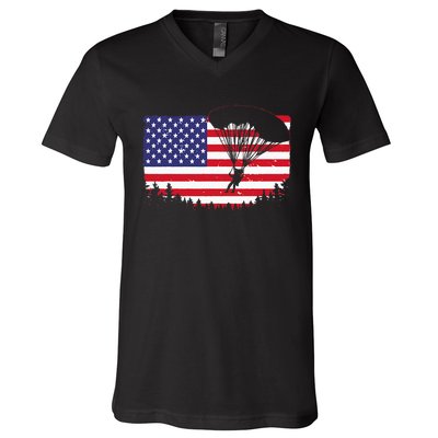 Cool Skydiving Art Wo Skydiver American Flag Skydive  V-Neck T-Shirt