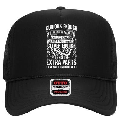 Curious, Skilled And Clever Funny Car Auto Truck Mechanic High Crown Mesh Back Trucker Hat