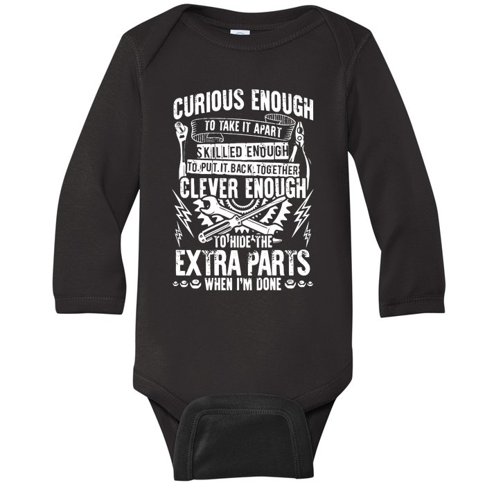 Curious, Skilled And Clever Funny Car Auto Truck Mechanic Baby Long Sleeve Bodysuit