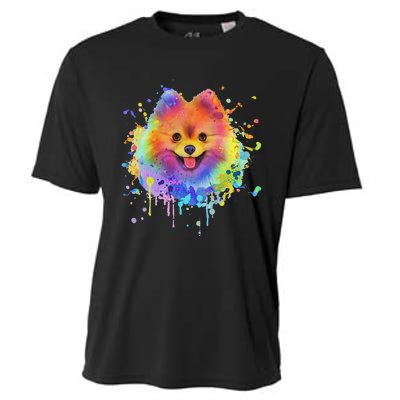 Colorful Splash Art Pomeranian Portrait Pom Puppy Owner Cooling Performance Crew T-Shirt