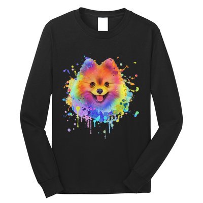 Colorful Splash Art Pomeranian Portrait Pom Puppy Owner Long Sleeve Shirt