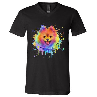 Colorful Splash Art Pomeranian Portrait Pom Puppy Owner V-Neck T-Shirt