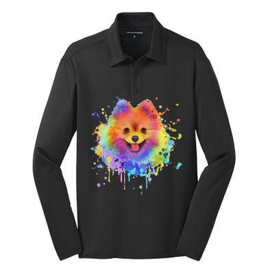 Colorful Splash Art Pomeranian Portrait Pom Puppy Owner Silk Touch Performance Long Sleeve Polo