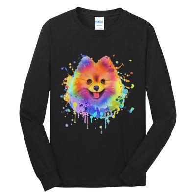 Colorful Splash Art Pomeranian Portrait Pom Puppy Owner Tall Long Sleeve T-Shirt