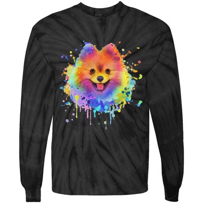 Colorful Splash Art Pomeranian Portrait Pom Puppy Owner Tie-Dye Long Sleeve Shirt