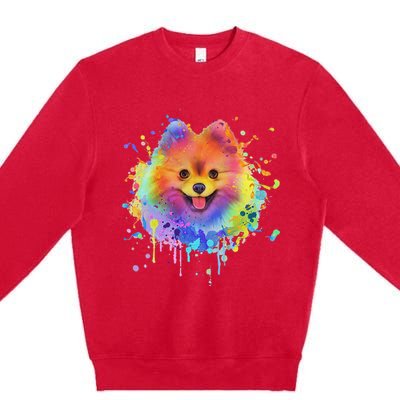 Colorful Splash Art Pomeranian Portrait Pom Puppy Owner Premium Crewneck Sweatshirt