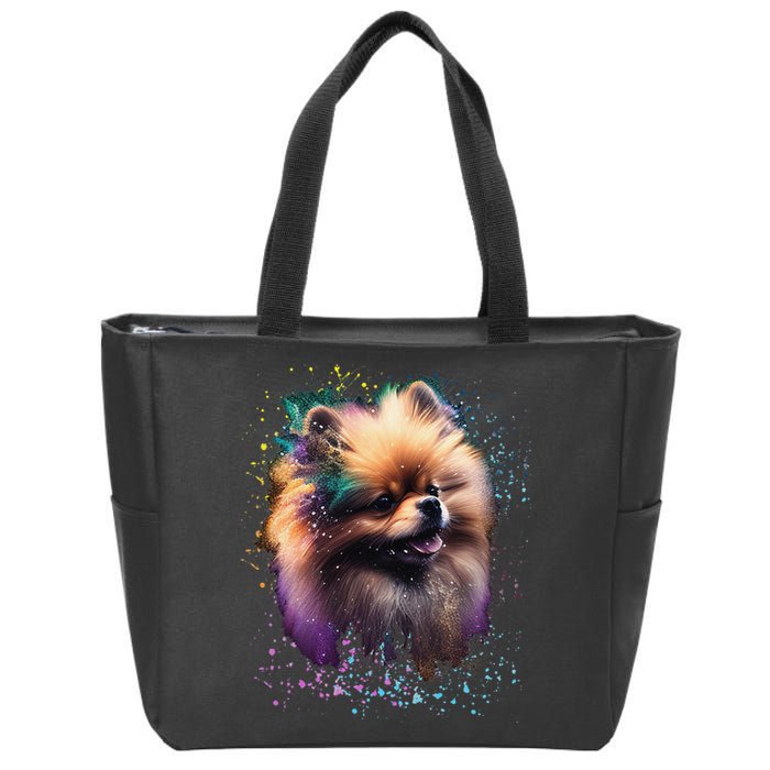 Colorful Splash Art Pomeranian Portrait Puppy Pom Owner Zip Tote Bag