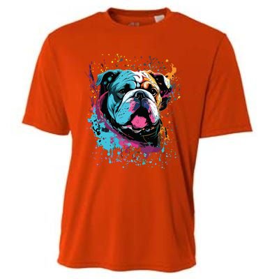 Colorful Splash Art English Bulldog Portrait Puppy Owner Cooling Performance Crew T-Shirt