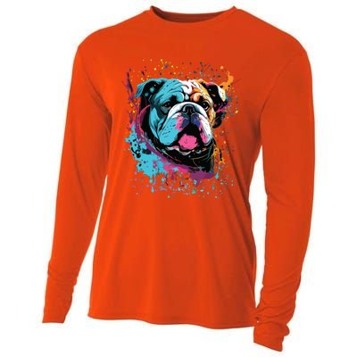 Colorful Splash Art English Bulldog Portrait Puppy Owner Cooling Performance Long Sleeve Crew