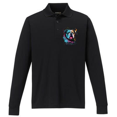 Colorful Splash Art English Bulldog Portrait Puppy Owner Performance Long Sleeve Polo