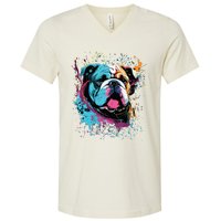 Colorful Splash Art English Bulldog Portrait Puppy Owner V-Neck T-Shirt