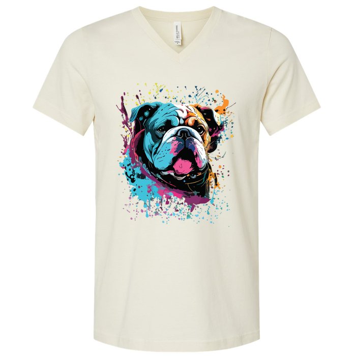 Colorful Splash Art English Bulldog Portrait Puppy Owner V-Neck T-Shirt