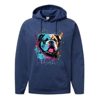 Colorful Splash Art English Bulldog Portrait Puppy Owner Performance Fleece Hoodie