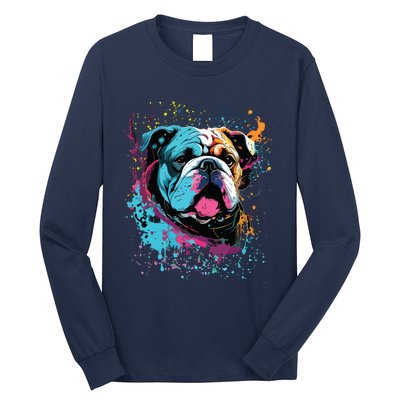 Colorful Splash Art English Bulldog Portrait Puppy Owner Long Sleeve Shirt