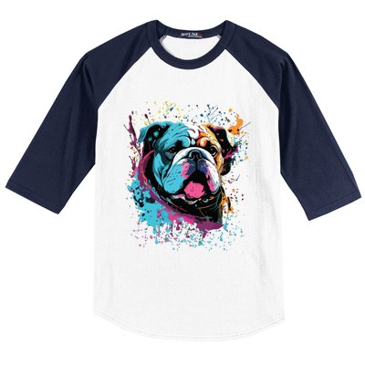 Colorful Splash Art English Bulldog Portrait Puppy Owner Baseball Sleeve Shirt