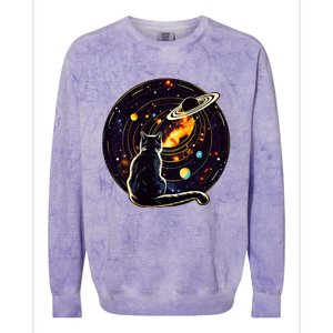 Cat Staring At Planet Saturn Cat Dad Cat Lover Colorblast Crewneck Sweatshirt