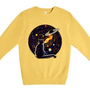 Cat Staring At Planet Saturn Cat Dad Cat Lover Premium Crewneck Sweatshirt