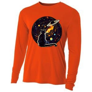 Cat Staring At Planet Saturn Cat Dad Cat Lover Cooling Performance Long Sleeve Crew