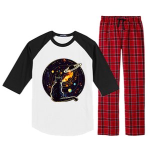 Cat Staring At Planet Saturn Cat Dad Cat Lover Raglan Sleeve Pajama Set