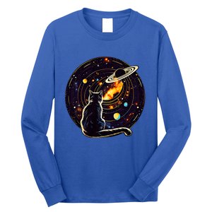 Cat Staring At Planet Saturn Cat Dad Cat Lover Long Sleeve Shirt