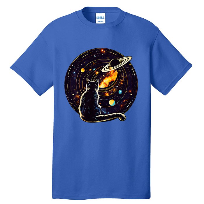 Cat Staring At Planet Saturn Cat Dad Cat Lover Tall T-Shirt