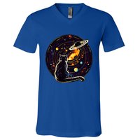 Cat Staring At Planet Saturn Cat Dad Cat Lover V-Neck T-Shirt