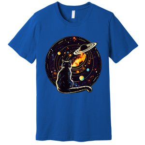 Cat Staring At Planet Saturn Cat Dad Cat Lover Premium T-Shirt