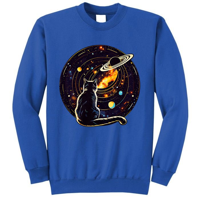 Cat Staring At Planet Saturn Cat Dad Cat Lover Tall Sweatshirt