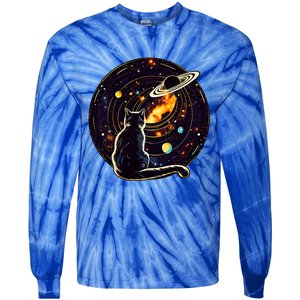 Cat Staring At Planet Saturn Cat Dad Cat Lover Tie-Dye Long Sleeve Shirt