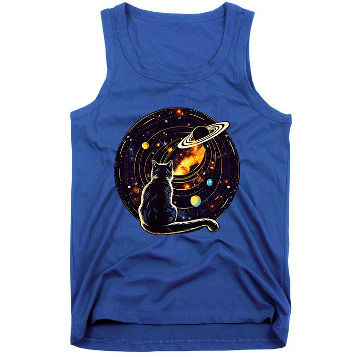 Cat Staring At Planet Saturn Cat Dad Cat Lover Tank Top