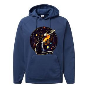 Cat Staring At Planet Saturn Cat Dad Cat Lover Performance Fleece Hoodie