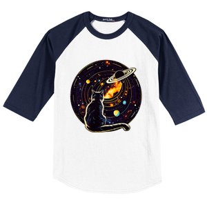 Cat Staring At Planet Saturn Cat Dad Cat Lover Baseball Sleeve Shirt