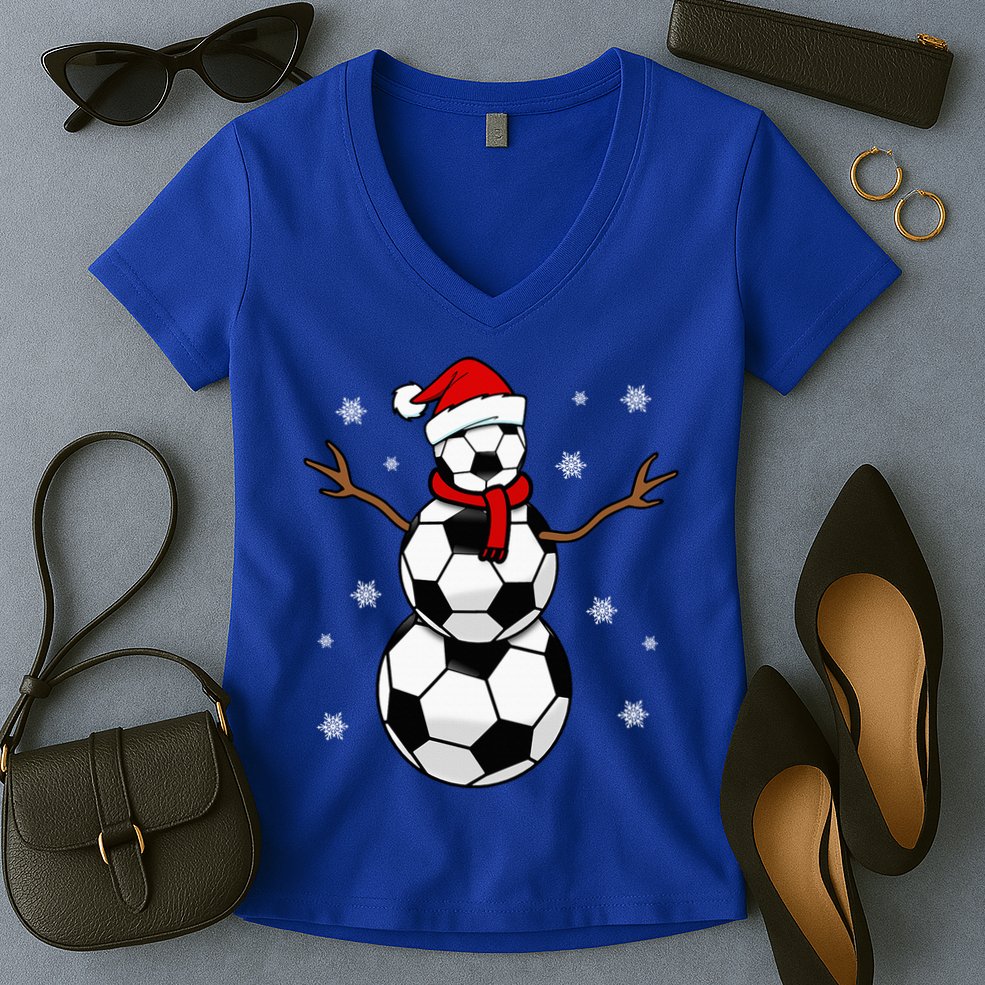 Christmas Soccer Ball Winter Snowman Women's V-Neck T-Shirt